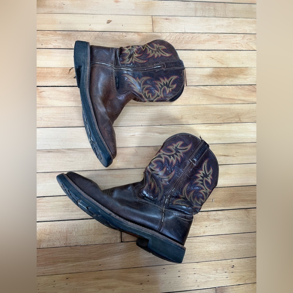 Justin ASTM work boot steel toe cowboy dark brown leather boots